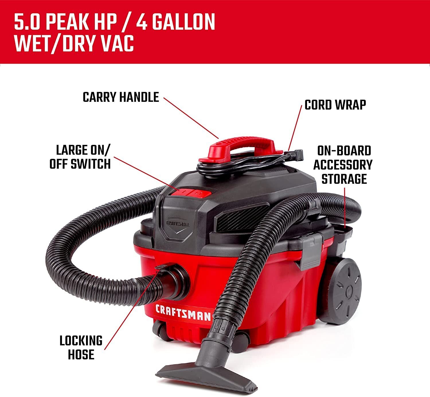 CRAFTSMAN CMXEVBE17040 4 Gallon 5.0 Peak HP Wet/Dry Vac, Portable Shop