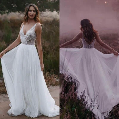 Brautkleid Hochzeitskleid V-Ausschnitt A-Linie Weiß Ivory Maßgeschneidert 36 38 - Bild 1 von 4