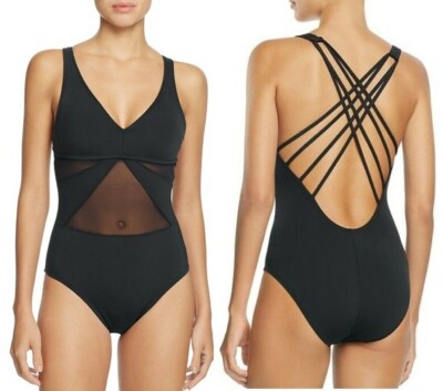 Bleu Rod Beattie Size 10 Black Mesh Insert Strappy One Piece Malot Swimsuit NWT