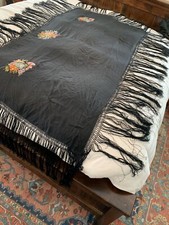 Victorian Black Silk Piano Shawl Silk Petite Point Hand Needle Work floral 59x34
