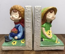 Beautiful Vintage Ceramic Boy and Girl Children Bookends Book Ends Cute Decor