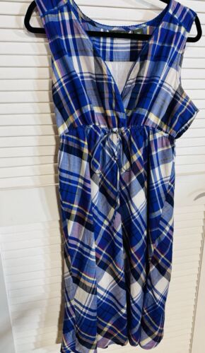 Eddie Bauer Women Size XL Cotton Drawstring A line Check Plaid Dress Blue