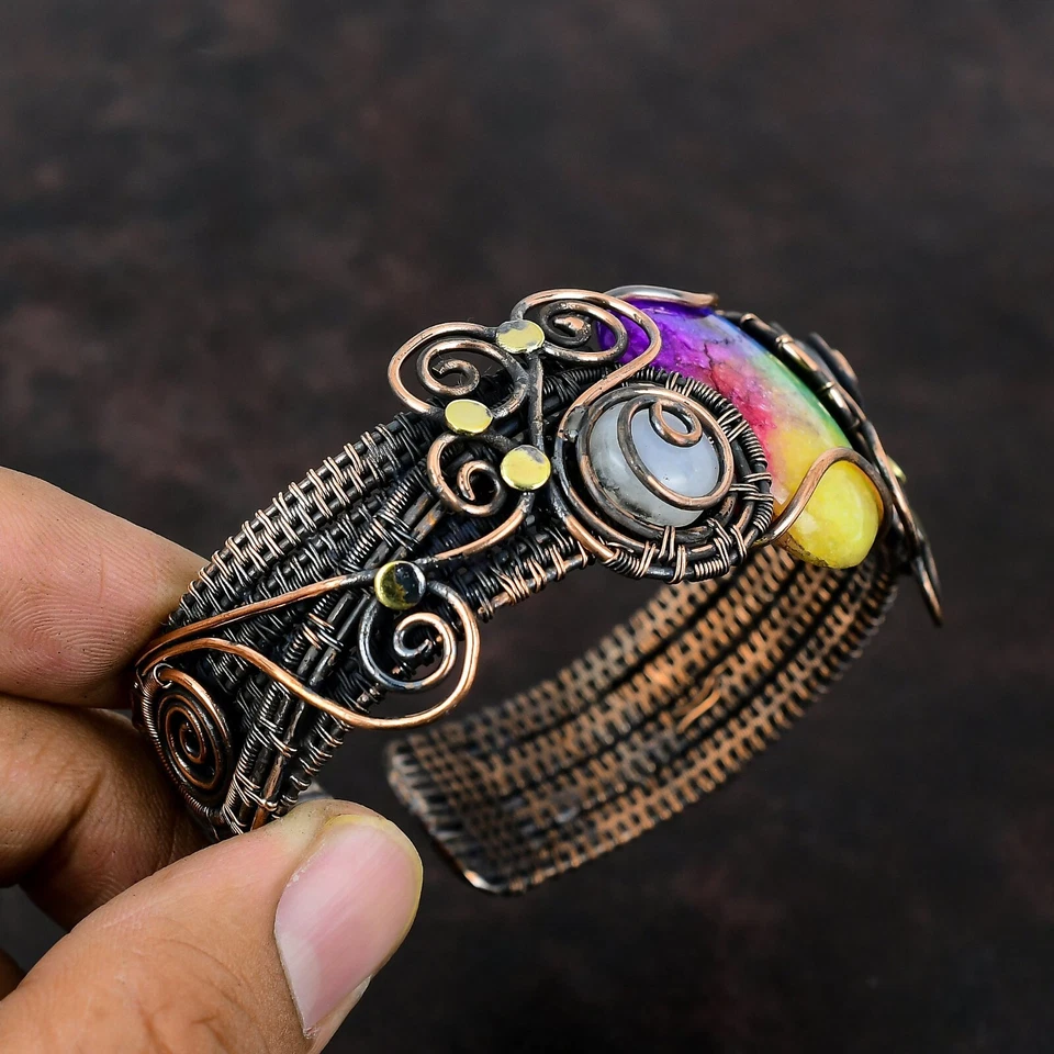 Brazalete ajustable envuelto en alambre de regalo madre cobre druzy cuarzo solar arco iris Foto 4 de 4