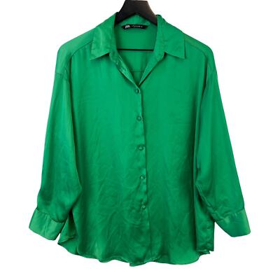 Zara Womens Size M Satin Button Down Flowy Blouse Top Green