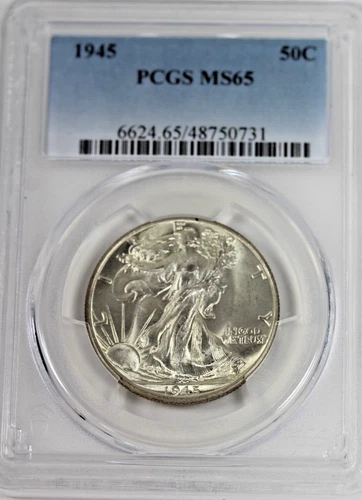 1945 Walking Liberty Half Dollar : PCGS MS65 Blazing White