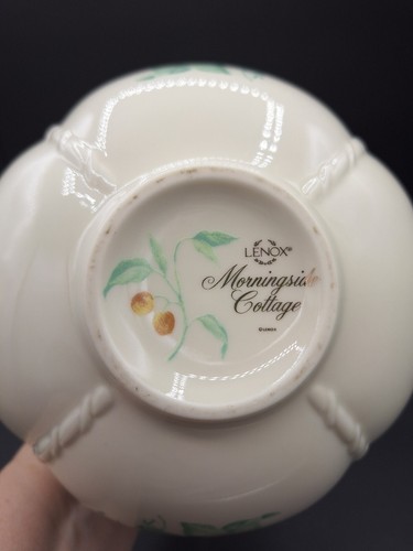 White ceramic vase with green floral pattern, “LENOX MORNINGSIDE COTTAGE” text, and two small green dragonflies.