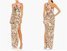 MAC DUGGAL 10903 FLORAL SEQUINED ONE SHOULDER COLUMN NUDE MULTI GOWN sz 4