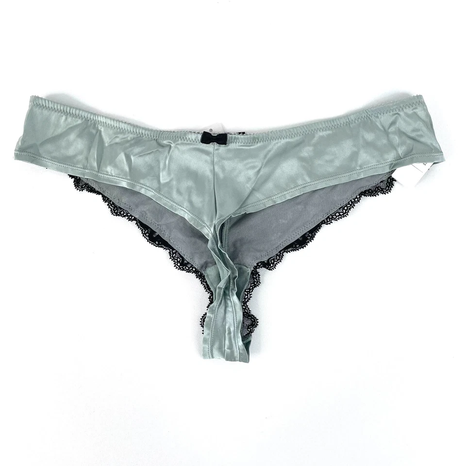 Elle Macpherson Thong Size M Sage Green Black Floral Lace Trim Silk Blend New - Image 3 of 4