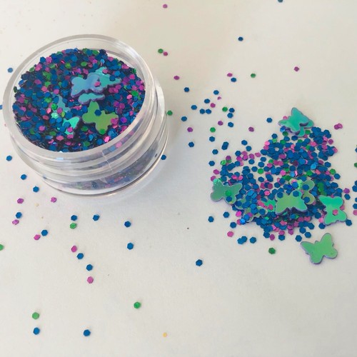FESTIVAL GESICHT/KÖRPER KIT 5ml KLEBER 3x5g KLOBIGER GLITZER SCHMETTERLING MOND STERN BLUME - Bild 2 von 4