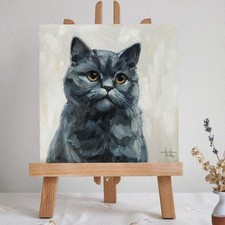 Original Painting Portrait of a Gray British Shorthair Cat 8x8 inches