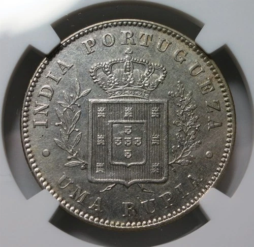 INDIA Portuguese PORTUGAL 1 rupia 1882 NGC AU Det. About UNC Luiz I. Silver