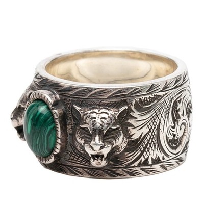 Gucci Tiger Head Garden Ring, Size 23, Silver, Green, SV925, Malac