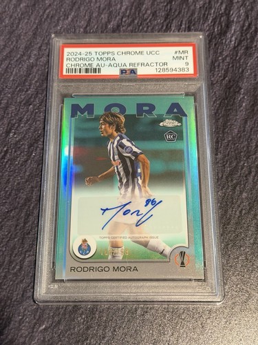 2024-25 Topps Chrome Ucc Rodrigo Mora Auto Aqua Refractor /199 RC PSA 9