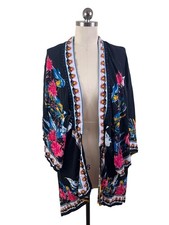 Flying Tomato Kimono Womens M/L. Black Floral Asymmetrical Boho Festival Gypsy