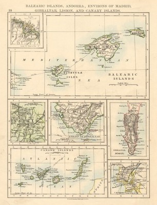 IBERIEN Balearen Kanaren Gibraltar Andorra Madrid Lissabon JOHNSTON 1892 Karte