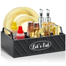 Black Wood Paper Plate Dispenser, Handle, Utensil Caddy, Cups, Spoons, Forks