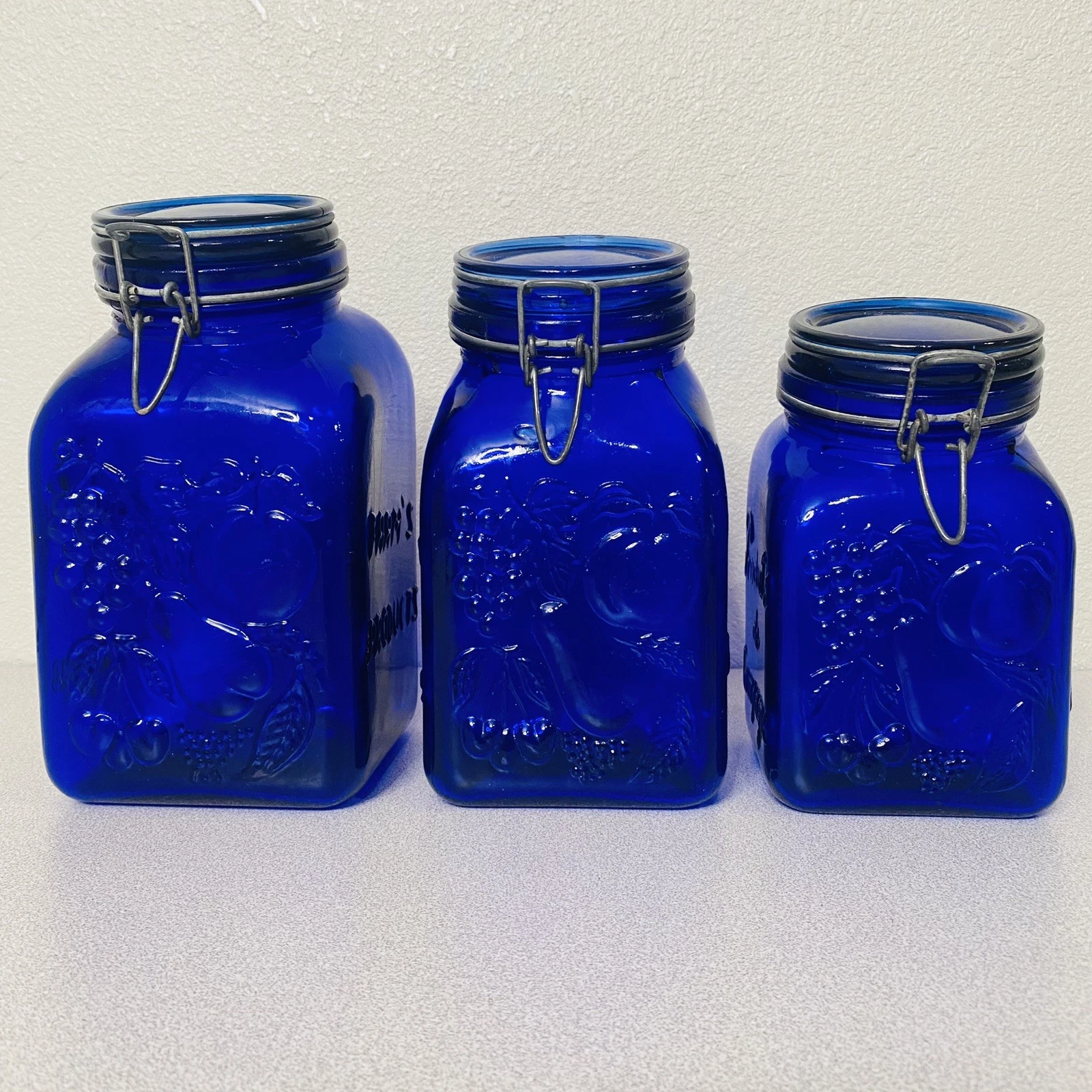 SET of 3 Cobalt Blue Glass Jars FARM's PRODUCTS Canisters Campagne Italy