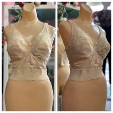 Vintage Long Line Bra Ivory Lace Lingerie Pin Up Full Coverage No Wire 36 B