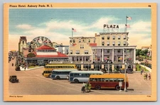 NJ, Asbury Park, Plaza Hotel, Old Bus, Cars, Vintage Postcard