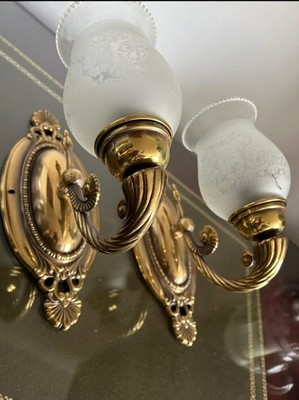 Vintage Brass Wall Sconce , Etched Frosted Glass Shade, French Rococo Style