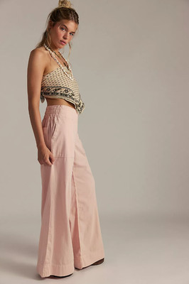 Free People We The Free Breezy Denim Pull-On Jeans   Wide-Leg Boho, Blush Pink