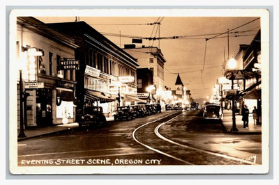 #ad RPPC Oregon City Evening Street Scene Trolley Tracks Clackamas County $8.75