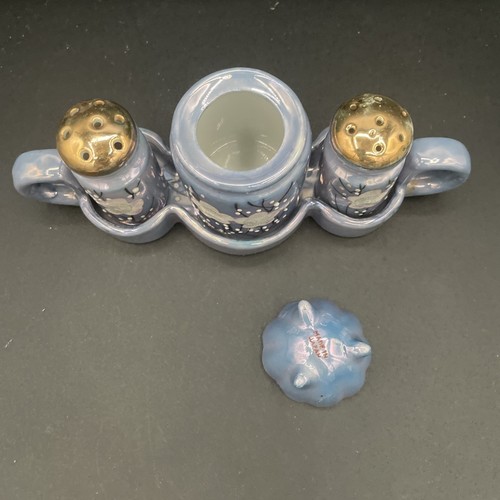 Vintage Blue Japanese Lustreware - Cruet Salt Pepper Condiment Set & Salt Cellar - Picture 11 of 12