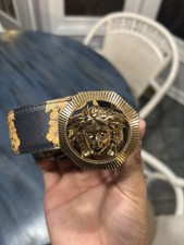 Versace Men's Black Gold Baroque Buckle Dress Belt with Medusa Accents
