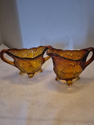 Tiara Indiana Glass Burnt Honey Sweet Pear Pattern Sugar & Creamer Set
