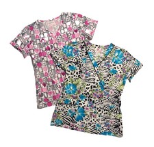 2 White Cross Scrub Tops Sz XS Floral Animal / Geometric Heart Print Top