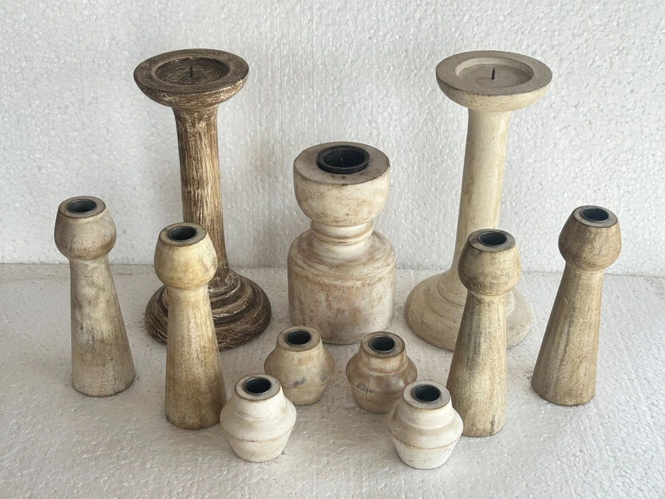 Handmade Lot Of 11 Pcs Rustic Solid Wood Table Top Decorative Candle Stand - Image 2 of 4
