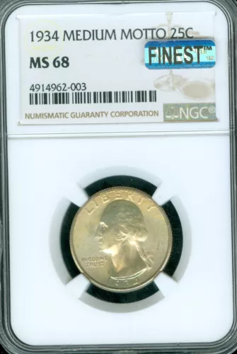 1934 MEDIUM MOTTO WASHINGTON QUARTER NGC MS68 MAC FINEST MAC VERY RARE POP-2 .