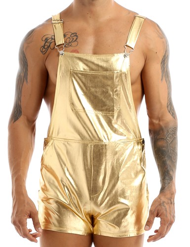 Mens Shiny Metallic Bib Overalls Suspender Shorts Romper Casual Workout Jumpsuit - Picture 13 of 43