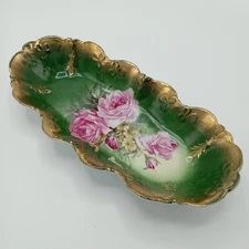 "Rare"  Vintage K. Steinmann Tiefenfurt Celery Dish Green with Pink Roses & Gold