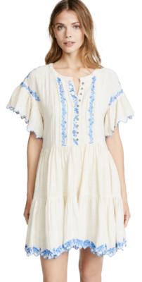 $148 Free People Santiago Embroidered Boho Mini Dress Ivory and Blue Size M  NWOT | eBay