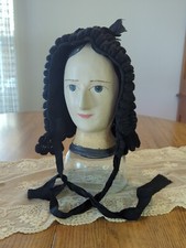 Antique Victorian Black Crocheted Winter Bonnet, Ladies Winter Crochet Bonnet,