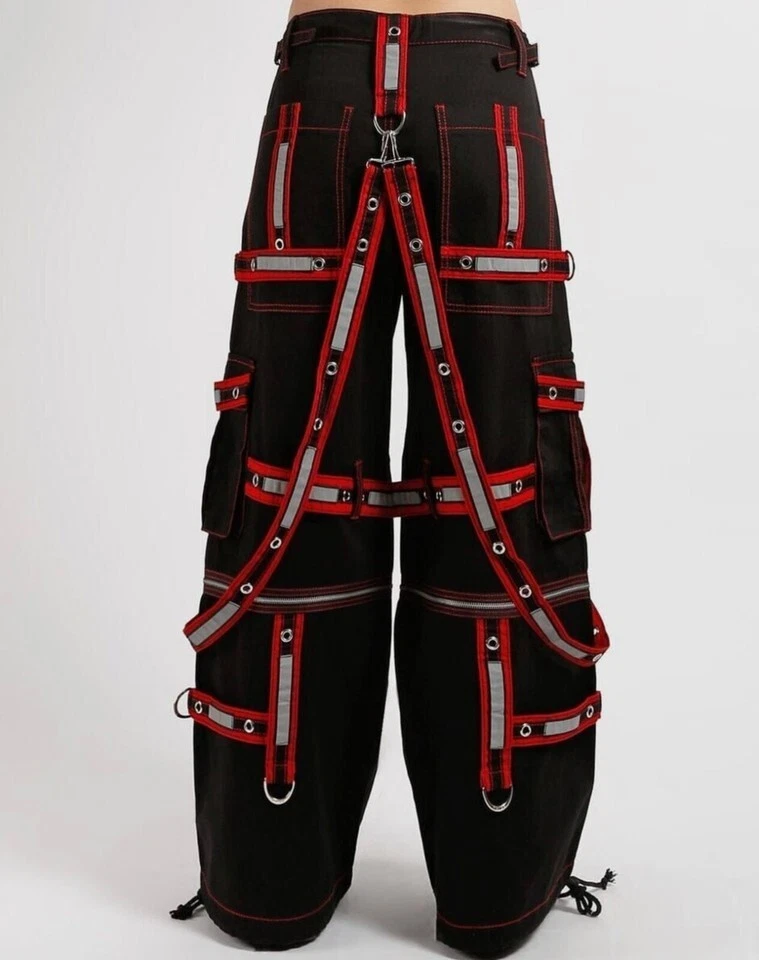 Men Black Tripp Pant Punk Rock Gothic Style Trouser with Red Straps 100% cotton - Image 3 of 4