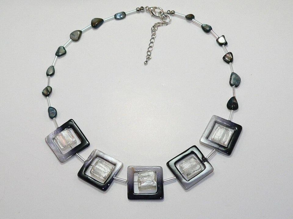 Halskette Perlmutt Rahmen schwarz weiß Perle Lampwork Silberfolie Quadrat 278b - Bild 3 von 3