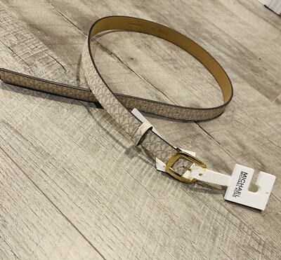 Michael Kors Skinny Belt Vanilla Printed MK Logo Gold Buckle