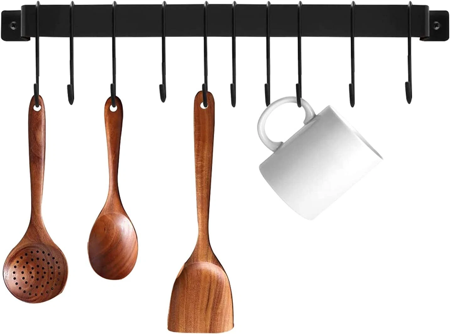 Kitchen Wall Mounted Hanging Utensil Holder Rack, Wrought Iron Rail Rack with 10