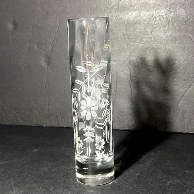 Vtg Pasabahce Glass Cylinder Vase Hand Blown Etched w/Swirl Optic Weighted Base