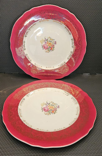 (2) Triumph Limoges-American Meissen Rosso Rosa Oro 22kt 11" Servizio Piatti Tritatutto - Foto 2 di 16