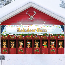 Magnetic Christmas Garage Door Banner Decoration - Reindeer Barn Design 16x7 Ft
