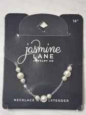 Jasmine Lane necklace 18" Chain w extender Faux Pearl And Faux Silver Jewelry