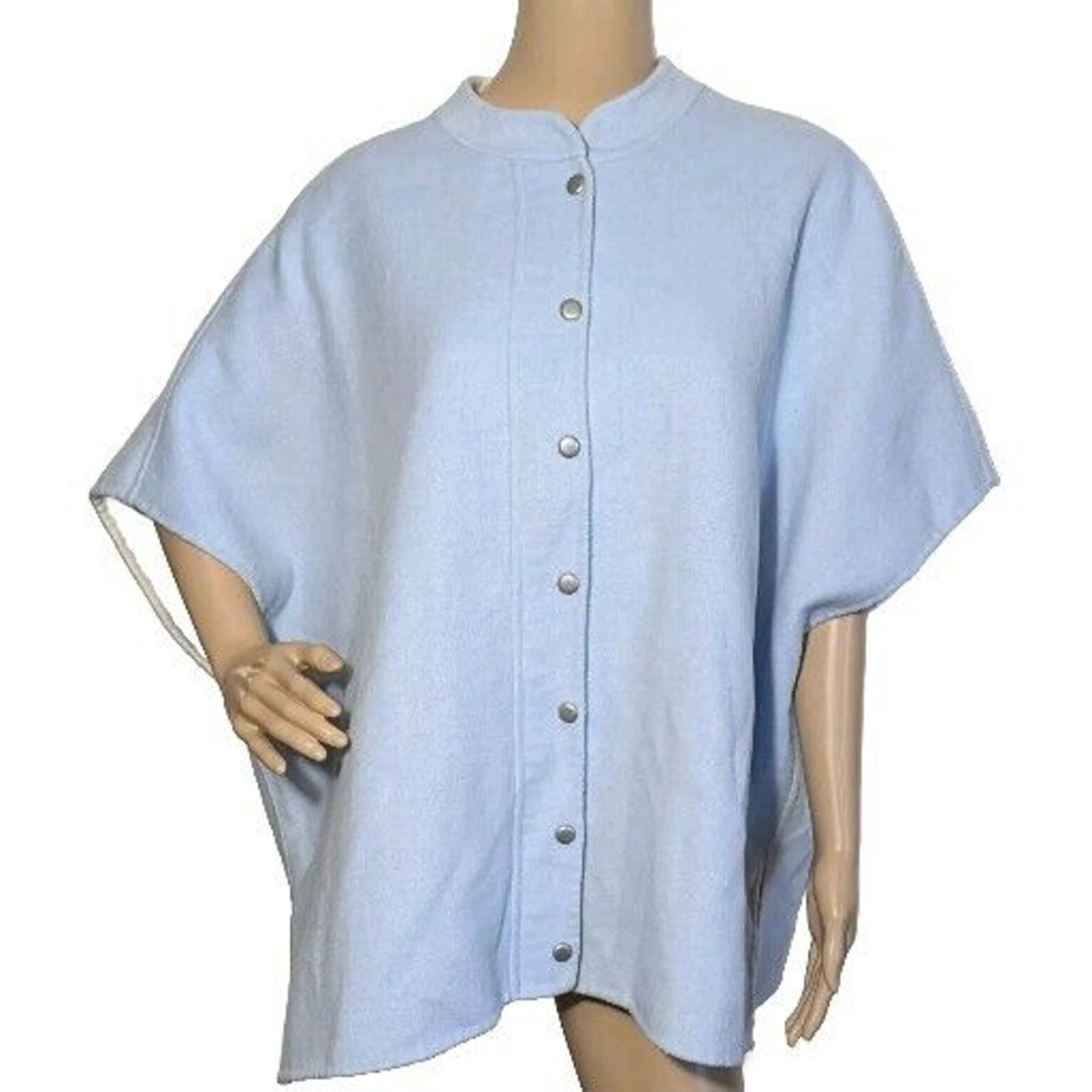 Chicos Light Blue Full Zip Snap Wool Blend Poncho Cape Jacket Size Small Medium
