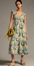 Anthropologie Small The Peregrine Blue &Chartreuse Floral Smocked MIDI Dress EUC