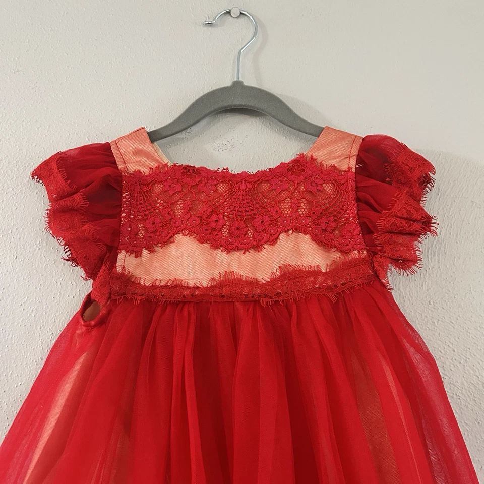 Vestido Trish Scully Adriana Rojo Carmesí Encaje Tul Talla 4 Vacaciones Formal Foto 3 de 4