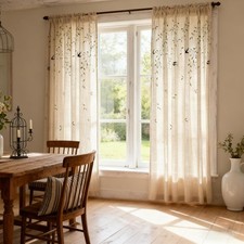 Rustic Semi Sheer Curtain Linen Luxury Window Drapes Birds Leafs Pattern Ligh...