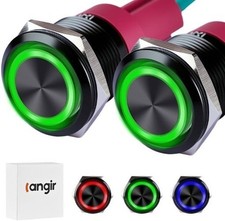 15Amp 16mm Momentary Push Button Switch 2 PCS 12V 24V Black Shell Green LED