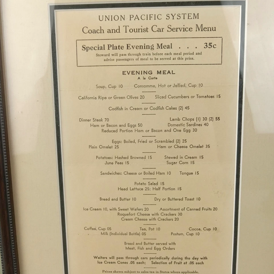 Original 1936 UNION PACIFIC RAILROAD Autocar y Coche Turístico Servicio Menú Comedor Foto 2 de 4